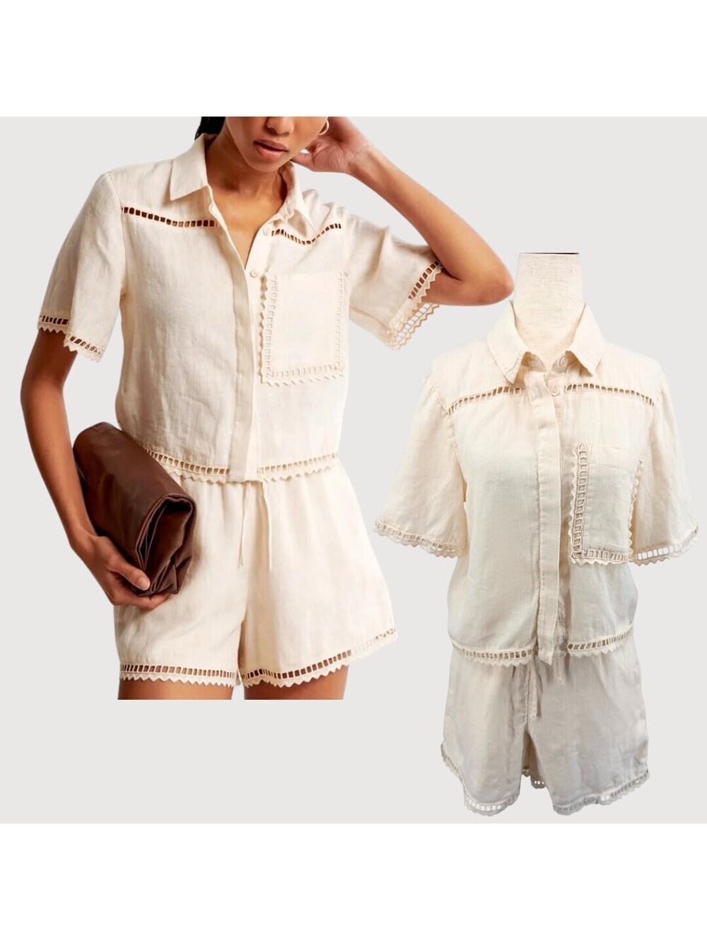 Abercrombie Linen Shirt Shorts Set Cream Small